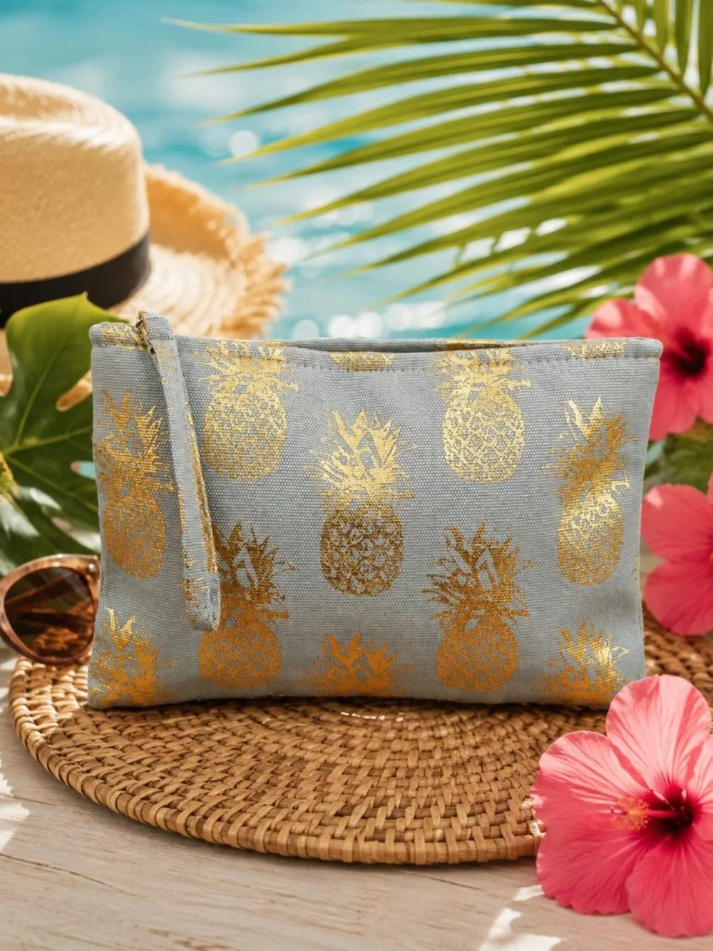 Gray Metallic Gold Pineapples Wristlet Clutch Pouch Travel Case Bag Tropical NWT